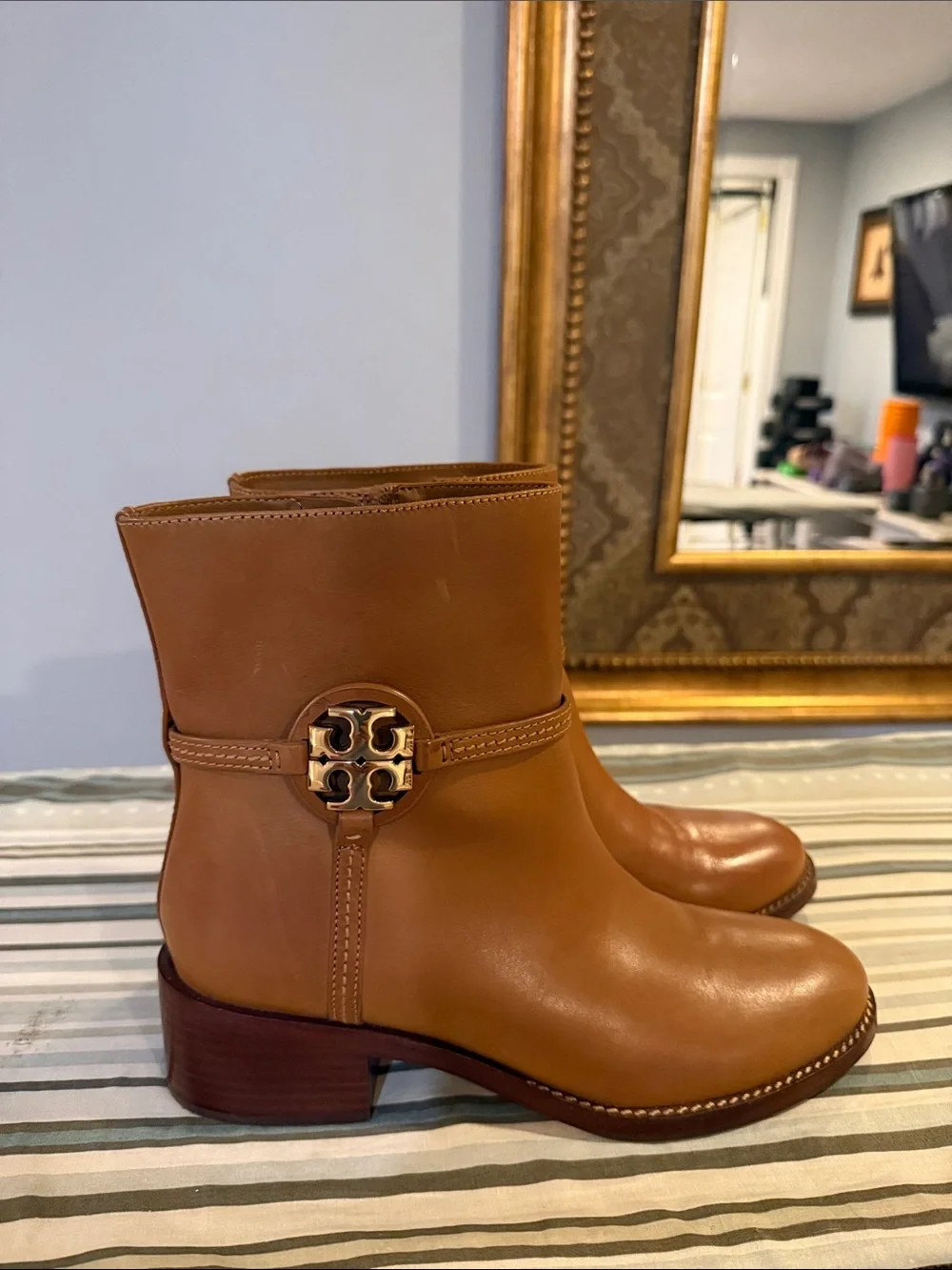 Tory Burch Tan Leather Logo Medallion Ankle Boots